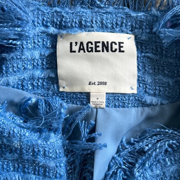 L'Agence Angelina Tweed Fringe Blazer in Riviera Blue in Size 8 Strong Shoulders - Picture 12 of 13